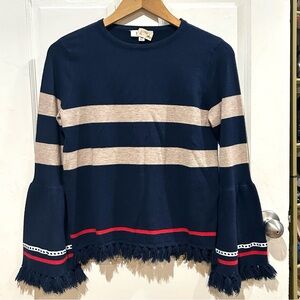 THML Navy Red Beige Stripe Sweater Bell Sleeves Fringe Preppy Librarian Academia